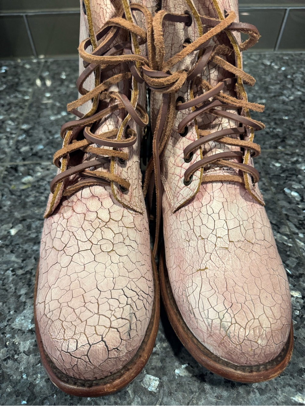 Women's Pink Cracked Lace-Up Heeled Ankle Boots - Picture 2 of 4